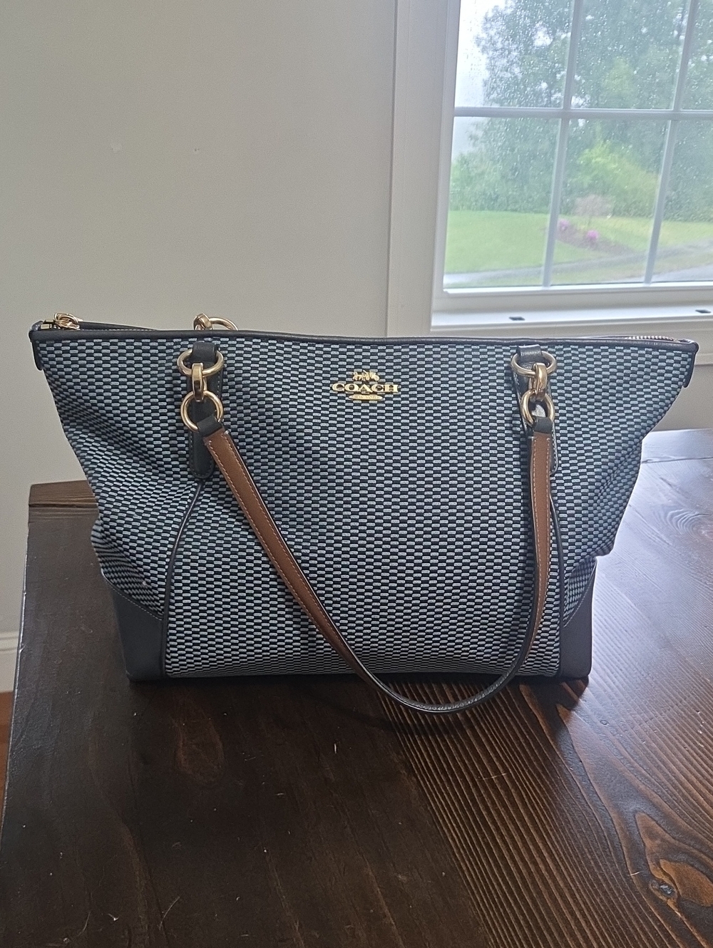 Coach Navy and Brown Woven Tote with Gold Hardware